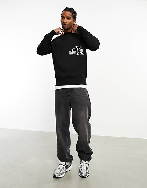 Calvin Klein Jeans glitched CK logo crew neck sweatshirt in black | ASOS