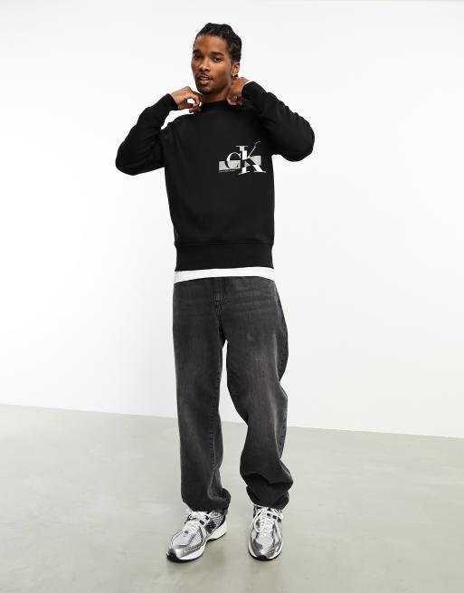 logo Jeans crew in Klein | Calvin ASOS neck glitched black CK sweatshirt