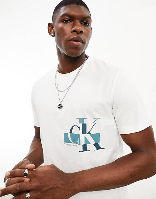 Calvin Klein Jeans glitched logo T-shirt in white | ASOS
