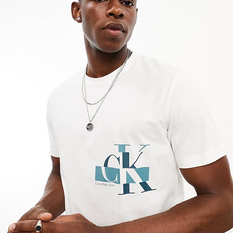 Calvin Klein Jeans glitched logo T-shirt in white | ASOS