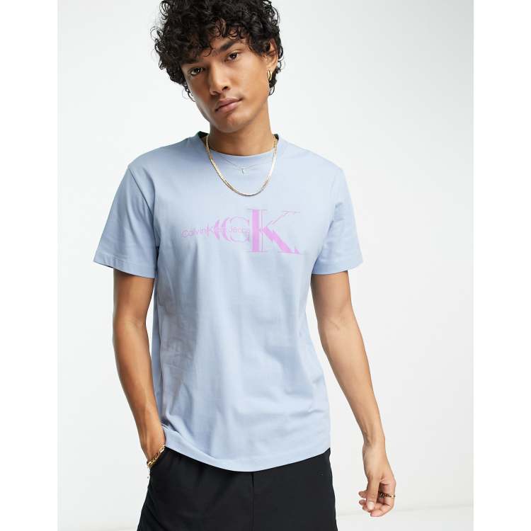 Calvin Klein Jeans glitched light monologo t-shirt in ASOS | blue