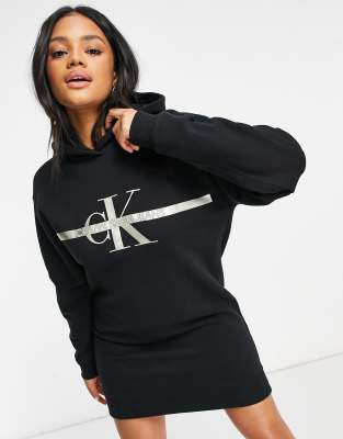 Calvin Klein Jeans gold monogram hoodie dress in black | ASOS