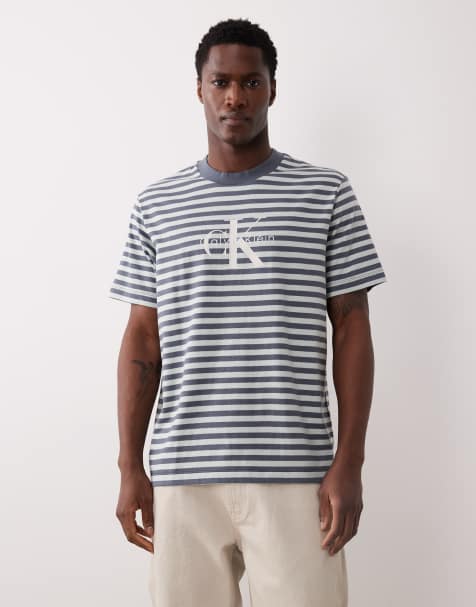 Calvin Klein Jeans – Grå- och ljusblårandig t-shirt med monogramlogga - view 1