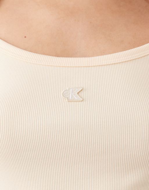 Calvin Klein Jeans – Gräddvitt, ribbat linne med smala axelband, 3 av 4