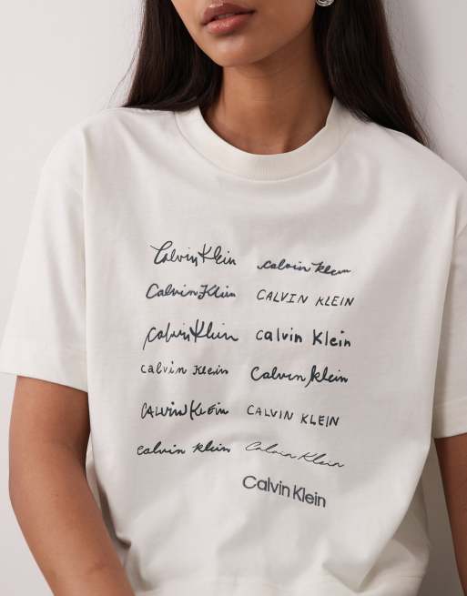 Calvin Klein Jeans handwriting graphic boxy cropped t-shirt in cream, 3 of 4