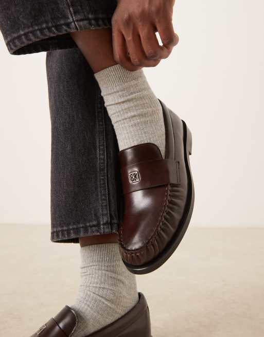 Calvin Klein Jeans hardware leather round loafers in burgundy , 2 of 4