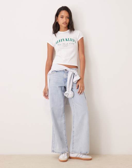 Calvin Klein Jeans heritage logo baby tee with emerald script writing in white - WHITE, 2 of 4