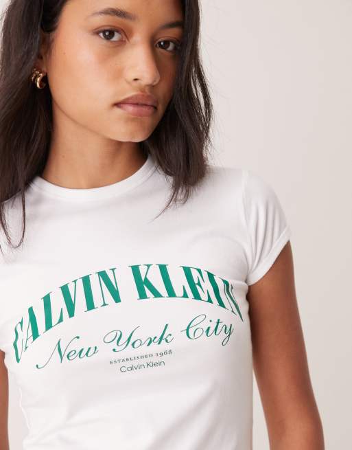 Calvin Klein Jeans heritage logo baby tee with emerald script writing in white - WHITE, 3 of 4
