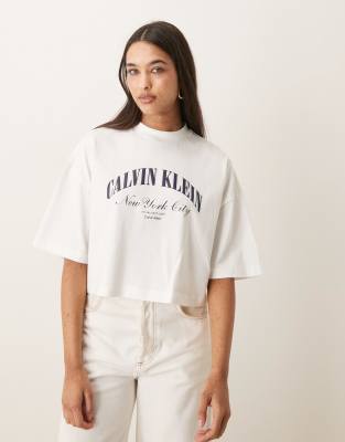 Calvin Klein Jeans heritage logo cropped boxy t-shirt in white