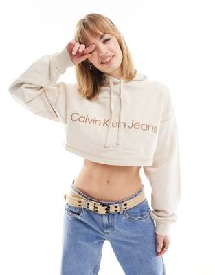 Calvin Klein Jeans - Hero - Kurzer Kapuzenpullover in Hellbeige mit Monogramm-Logo-Weiß