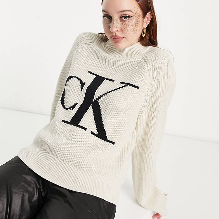 Calvin Klein Jeans high neck sweater in eggshell | ASOS