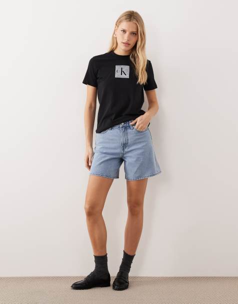 Calvin Klein Jeans high rise a-line denim shorts in lightwash blue - view 1