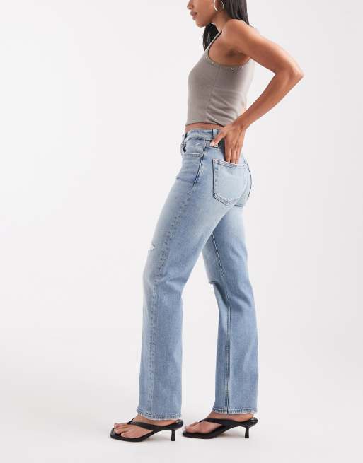 Calvin Klein Jeans high rise straight jeans with rip details in light wash blue, 3 of 5