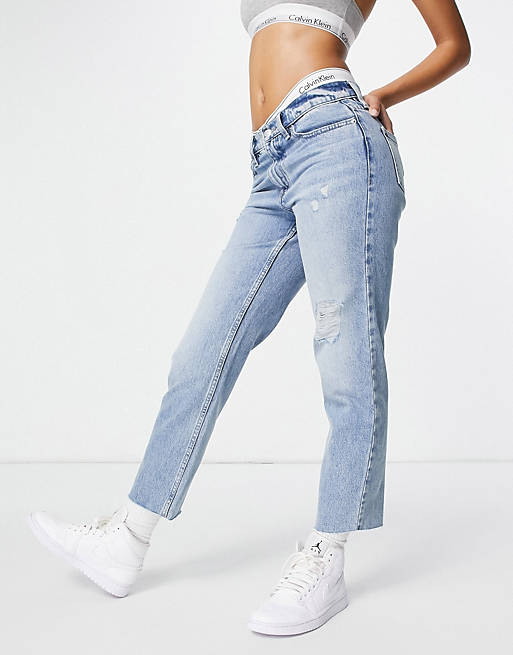 Calvin Klein Jeans high rise straight rips in mid wash | ASOS