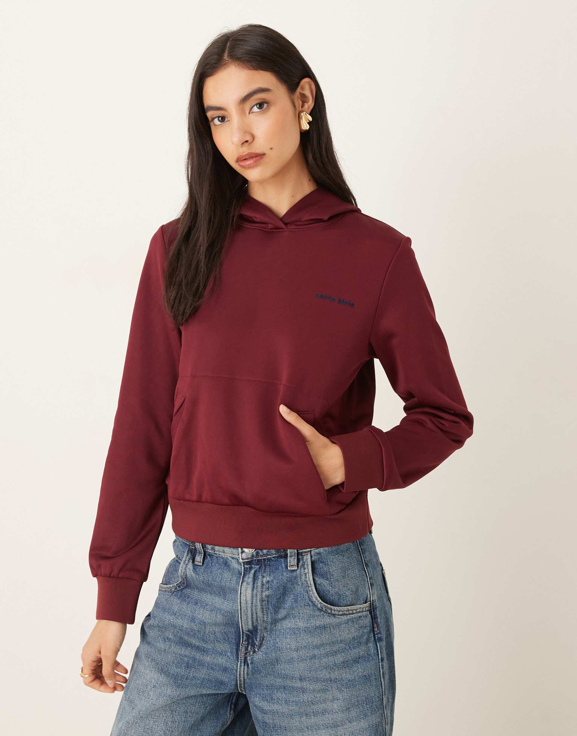 calvin klein jeans high shine hoodie in burgundy
