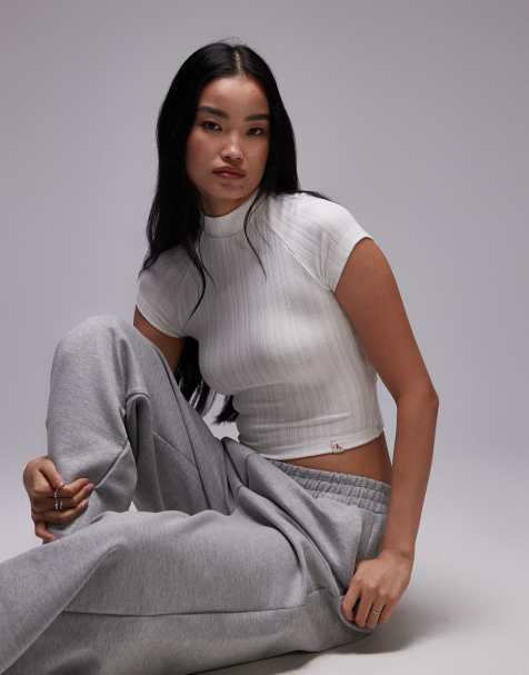 Calvin Klein Jeans – Hochgeschlossenes, geripptes Oberteil in Weiß - view 1
