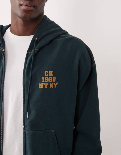 Calvin Klein Jeans – Hochwertige Kapuzenjacke in Petrolgrün mit durchgehendem Reißverschluss und Vintage-Logo, 5 von 5