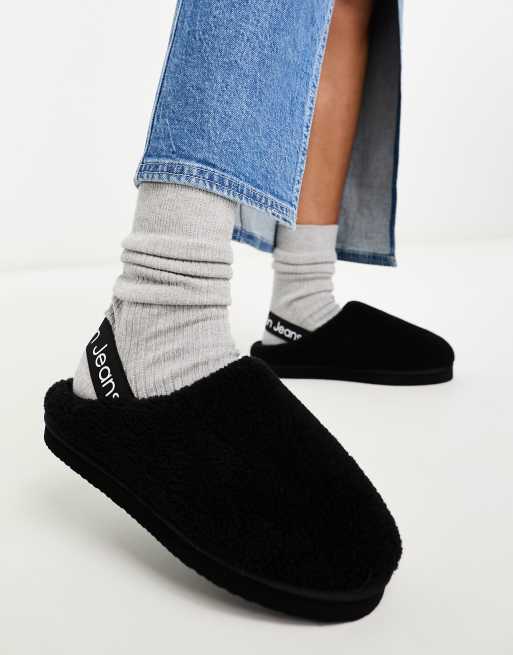 Calvin Klein Jeans home sherpa clog slippers in black ASOS