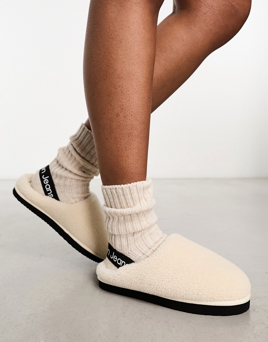 Calvin Klein Jeans home sherpa clog slippers in cream-Black
