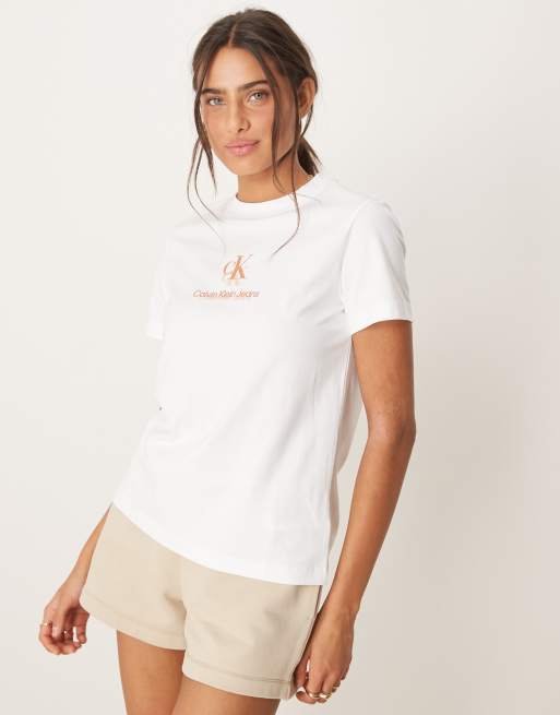 Calvin Klein Jeans - Hvid og ferskenfarvet T-shirt med skyggelogo