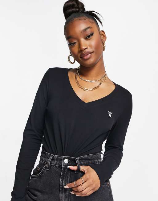 Calvin Klein Jeans icon logo v neck long t-shirt in ASOS