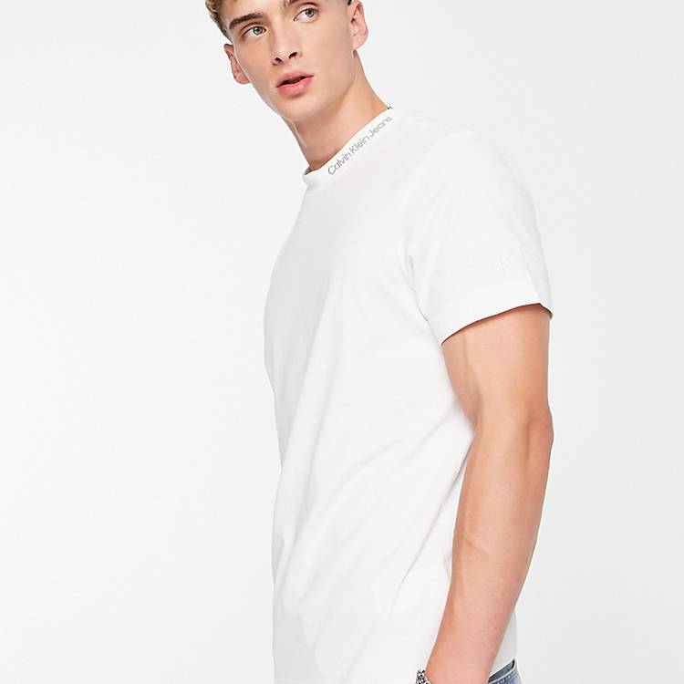 Calvin Klein Jeans institutional embroidered neck T-shirt in white | ASOS