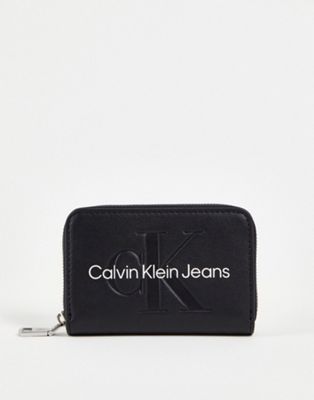 Calvin Klein Jeans institutional logo sculpted zip around purse in black