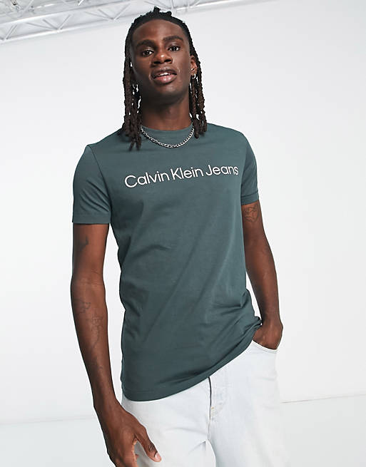 Calvin Klein Jeans institutional logo slim fit t-shirt in dark green | ASOS
