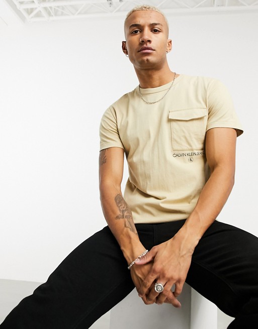Calvin Klein Jeans institutional logo utility pocket t-shirt in beige