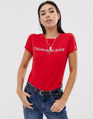 Calvin Klein Jeans – Institutional – T-shirt med logga-Röd