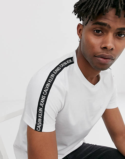 Calvin Klein Jeans institutional tape sleeve logo t-shirt in white | ASOS