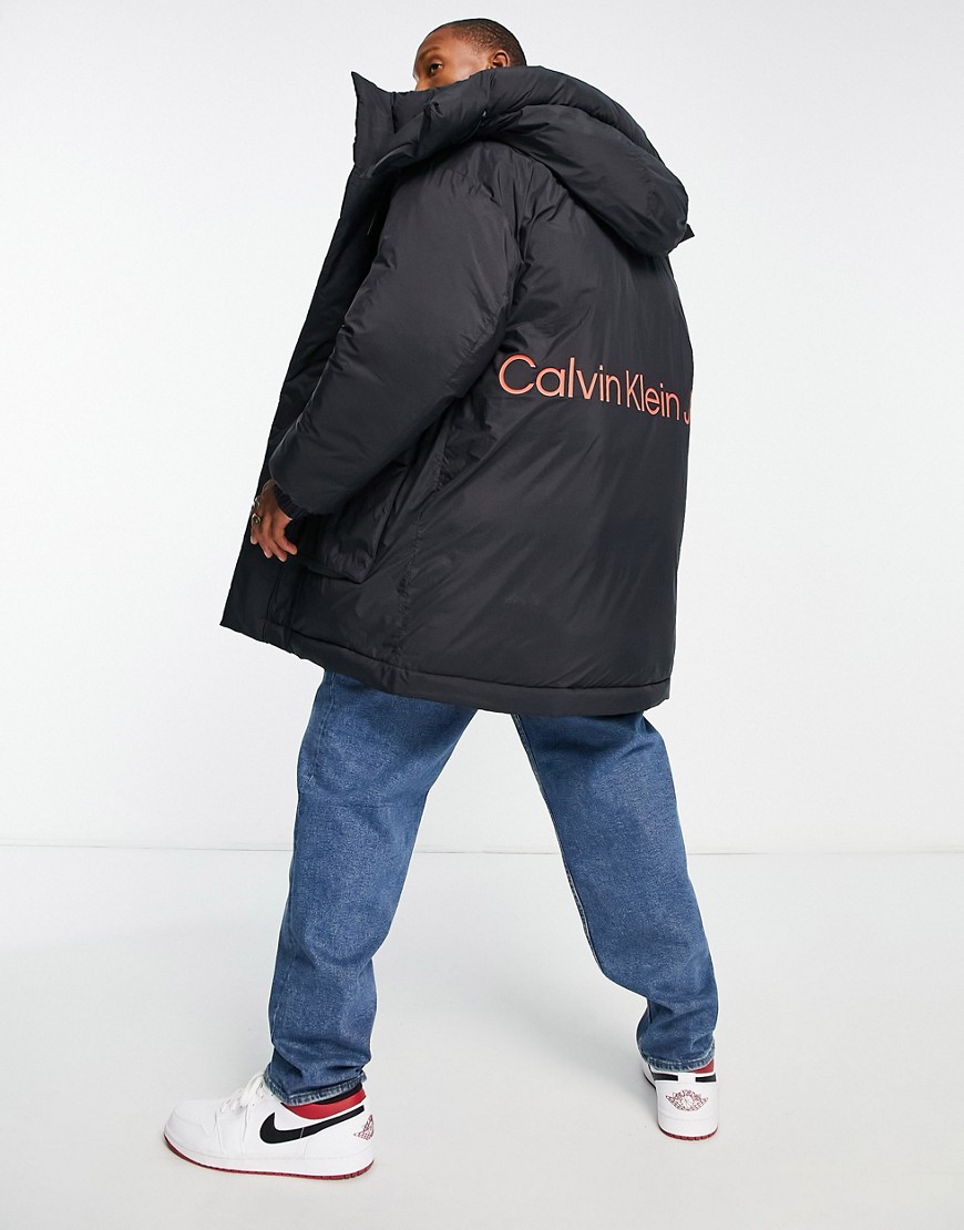Calvin Klein Jeans insulated long hooded parka jacket in black