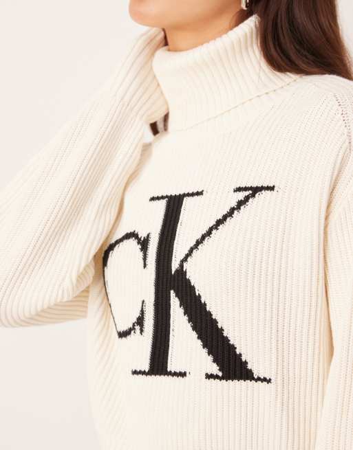 Calvin Klein Jeans intarsia knit jumper in white, 3 of 4