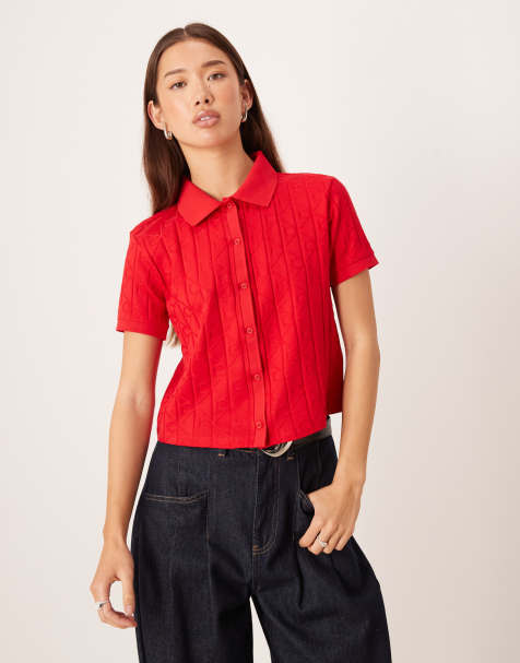 Calvin Klein Jeans jacquard emblem crop shirt in bright red - view 1