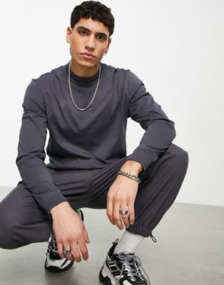 Calvin Klein Jeans jacquard neck logo long sleeve top in grey