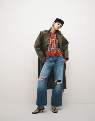 Jeans - Jean baggy déchiré à taille basse - Bleu moyen délavé W27 L30