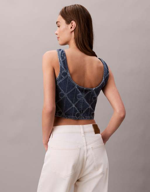 Calvin Klein Jeans – Jeans-Bralette in Mittelblau mit durchgehendem Lasercut-Logomuster, 2 von 4