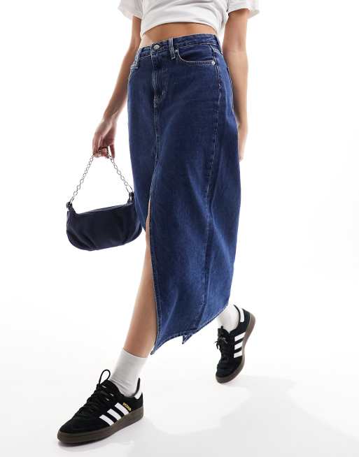 Calvin Klein Jeans - Jupe longue en jean fendue sur le devant - Délavage foncé
