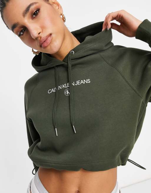 Calvin Klein Jeans – Khakifärgad kort huvtröja med logga framtill, 3 av 4
