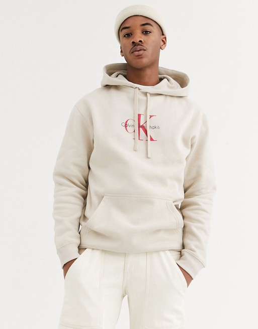 Calvin Klein Jeans Khakis capsule chest logo hoodie relaxed fit in beige