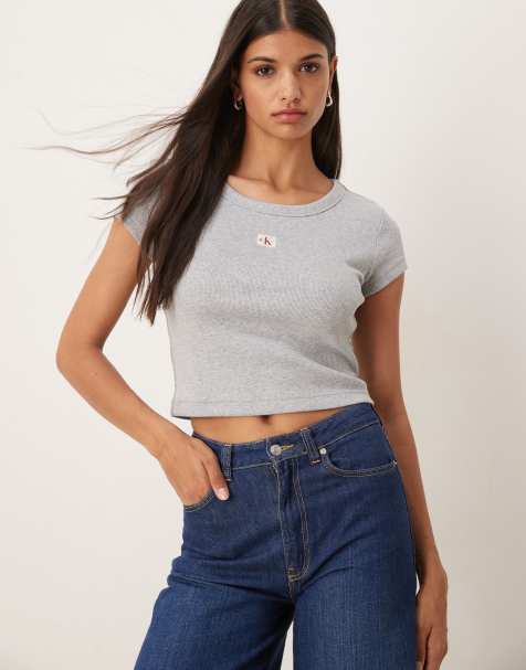 Calvin Klein Jeans woven label rib baby t-shirt in grey