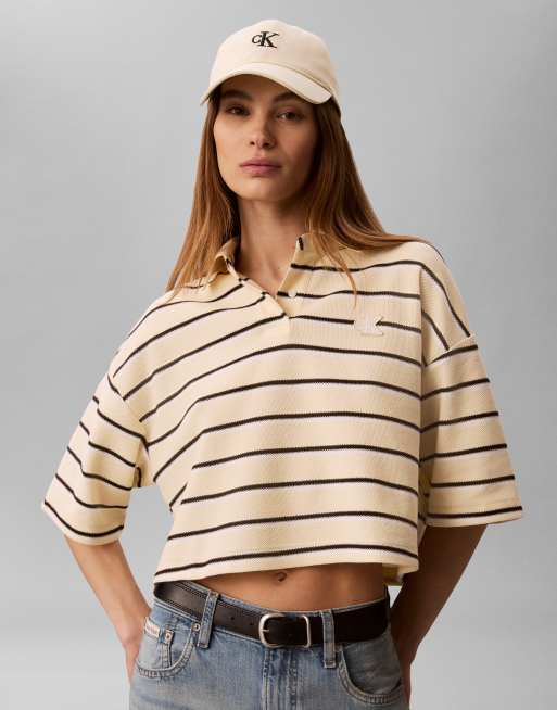 Calvin Klein Jeans – Kurz geschnittenes Pikee-Polooberteil in Vanille mit Streifen, 4 von 4