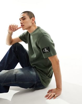Calvin Klein Jeans badge logo waffle short sleeve t-shirt in green - ASOS Price Checker