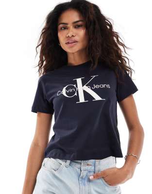 Calvin Klein Jeans - Kurzes T-Shirt in dunklem Marineblau mit schwarzweißem Logo