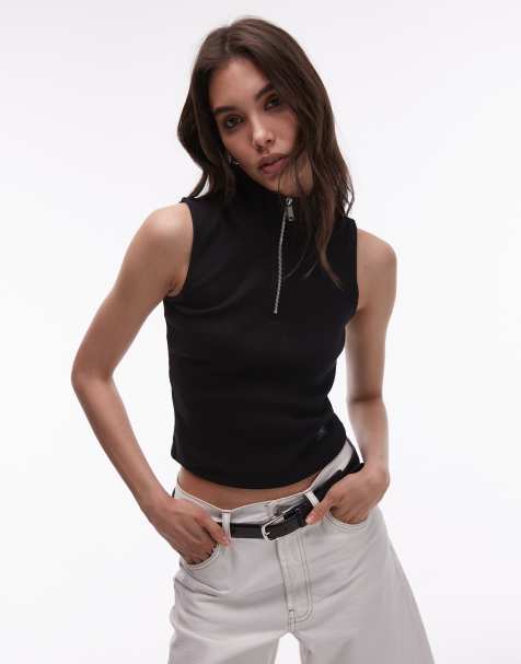 Calvin Klein Jeans label cropped sleeveless 1/4 zip in black - BLACK - view 1