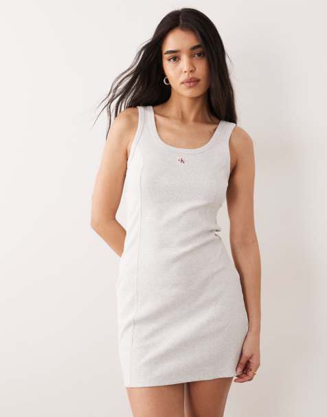 Calvin Klein Jeans label rib mini dress in grey marl - view 1