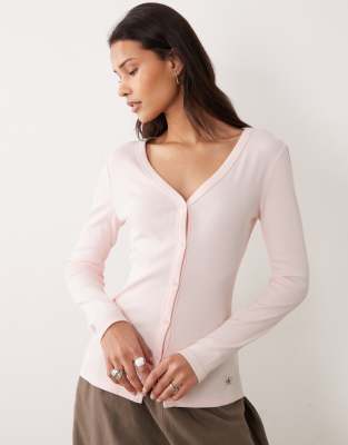 Jeans - Langärmliges, geripptes Oberteil in Babyrosa mit Knopfleiste Rosa M