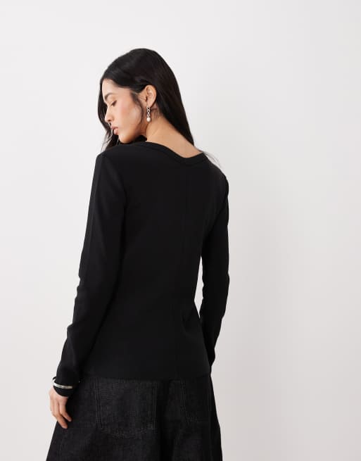 Calvin Klein Jeans – Langärmliges, geripptes Oberteil in Schwarz mit Knopfleiste, 4 von 6