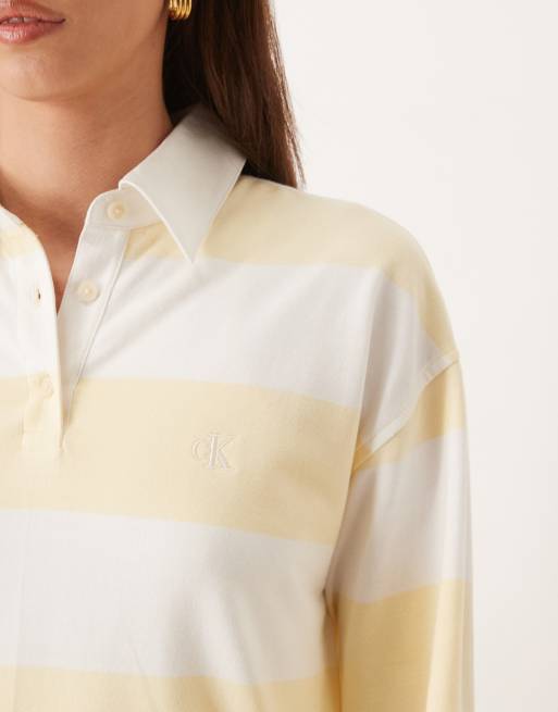 Calvin Klein Jeans – Langärmliges Minikleid in Gelb gestreift mit Polokragen, 3 von 4