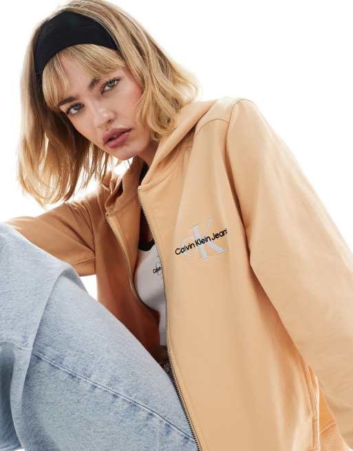 Calvin Klein Jeans - Langærmet beige slim-hættetrøje med lynlås - Kun hos ASOS